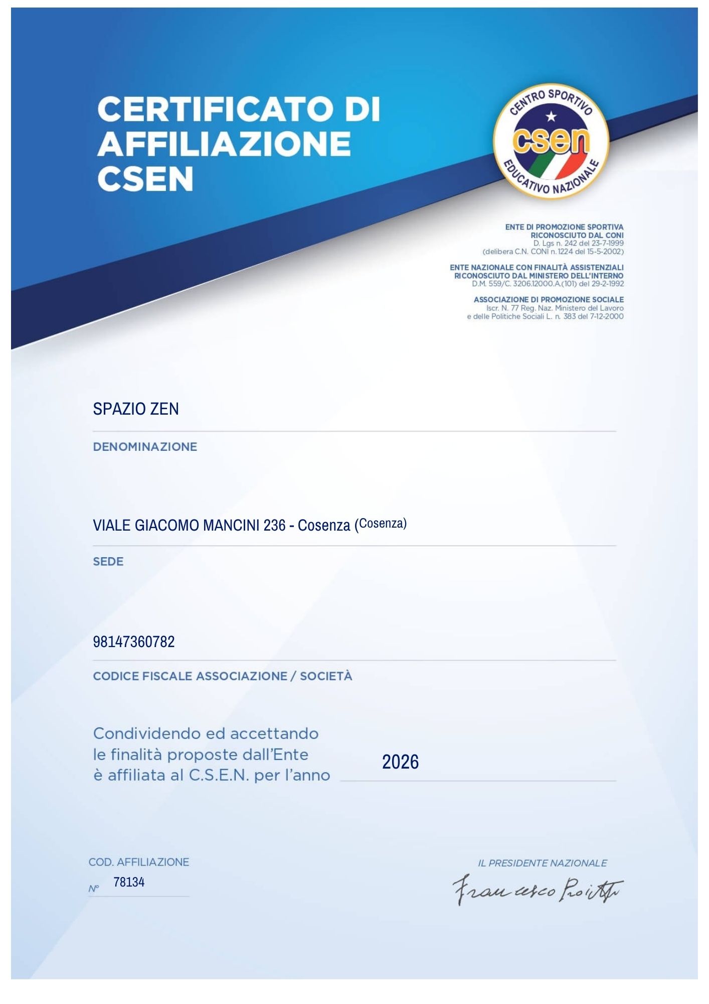 Certificato di affiliazione CSEN 2026 · Spazio Zen ASD